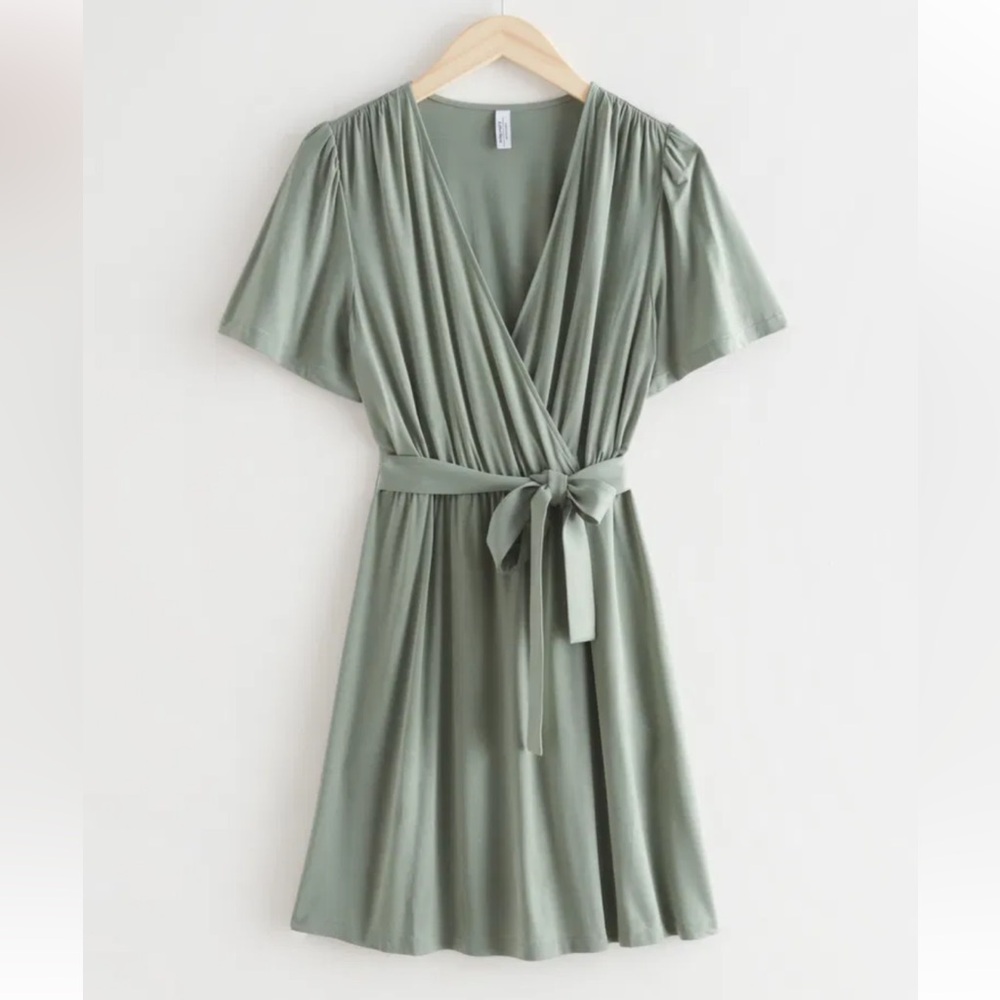 & Other Stories Sage Green Faux Wrap Mini Dress Tie Waist V Neck Minimalist S